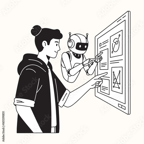 A person and a robot analyze data on a futuristic transparent screen, demonstrating a collaborative approach to data visualization and AI-driven insights.