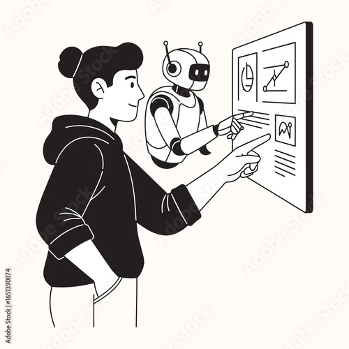 A person and a robot analyze data on a futuristic transparent screen, demonstrating a collaborative approach to data visualization and AI-driven insights.