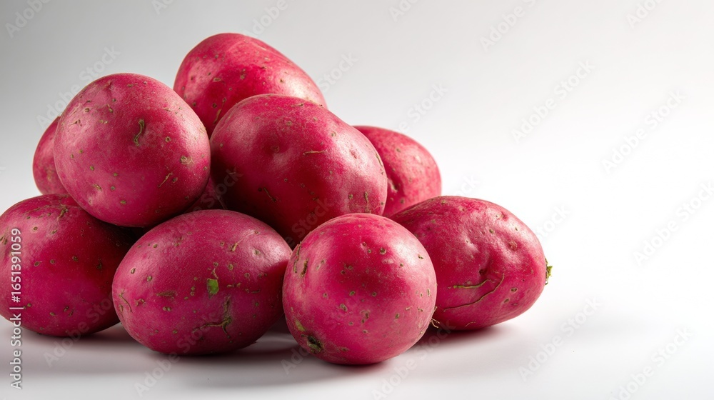 Obraz premium Group of red potatoes on white background for agricultural produce food photography health organic vegetable product advertising scene