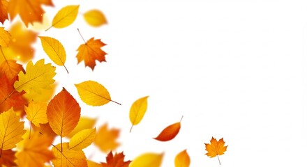 Vibrant autumn leaves gracefully fall against a bright white background. AI Generated
