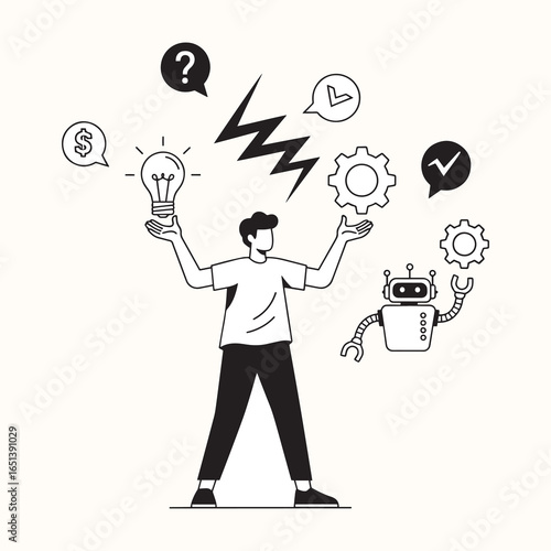 A person juggles various tasks and ideas with a robot assistant, symbolizing collaborative problem-solving, project management, and AI-powered workflow.