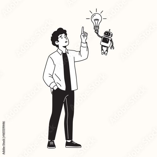 A man and a small robot brainstorm new ideas, with the robot holding a glowing lightbulb, representing innovation, creative problem-solving, and AI collaboration.