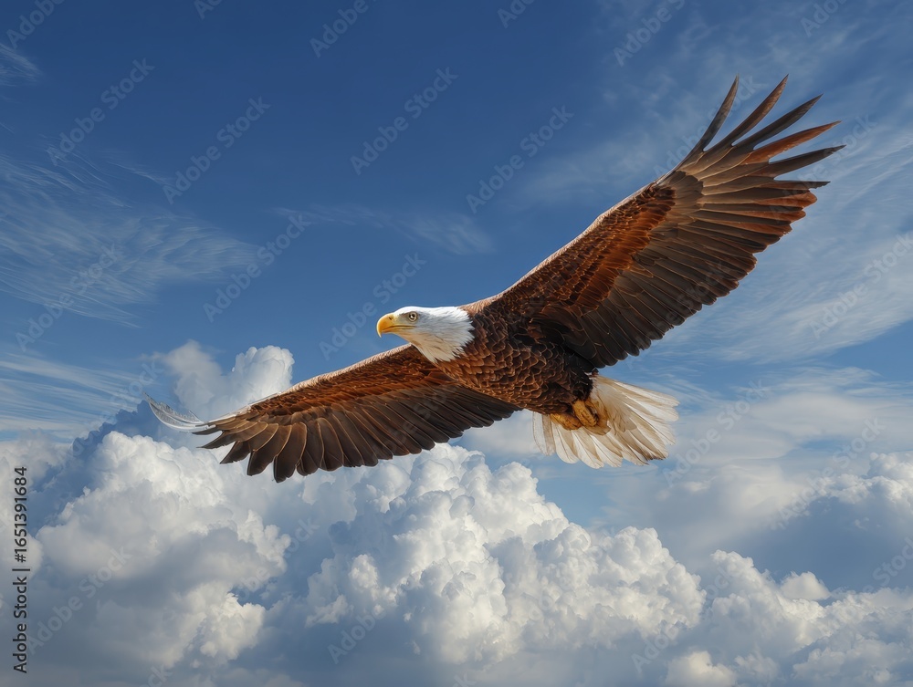 Obraz premium Eagle Soaring High with Wings Spread, Amidst Clear Blue Sky and Fluffy Clouds