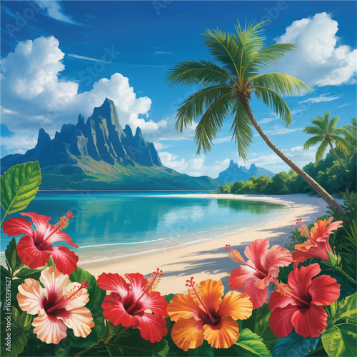 Tropical paradise beach scene with vibrant hibiscus flowers palm trees and majestic mountains in the background perfect vacation getaway