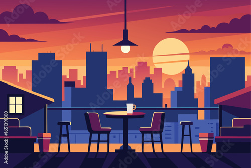Vibrant Rooftop Cafe Overlooking City at Sunset