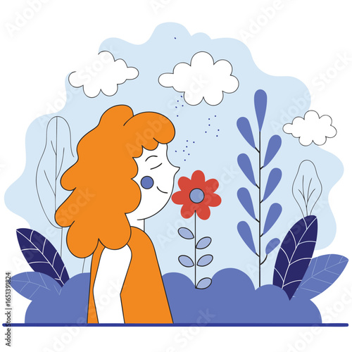 girl smelling a flower vector
