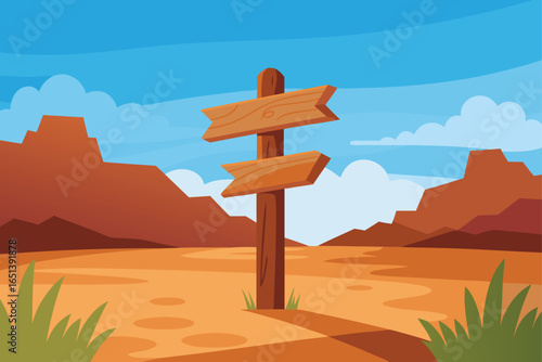Rustic Wooden Signpost on a Quiet Desert Path