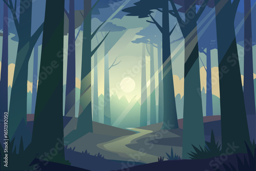 Early Morning Sunlight Through Forest Trees