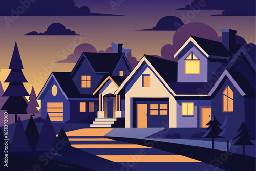 Suburban Houses Glowing in the Last Light of Day