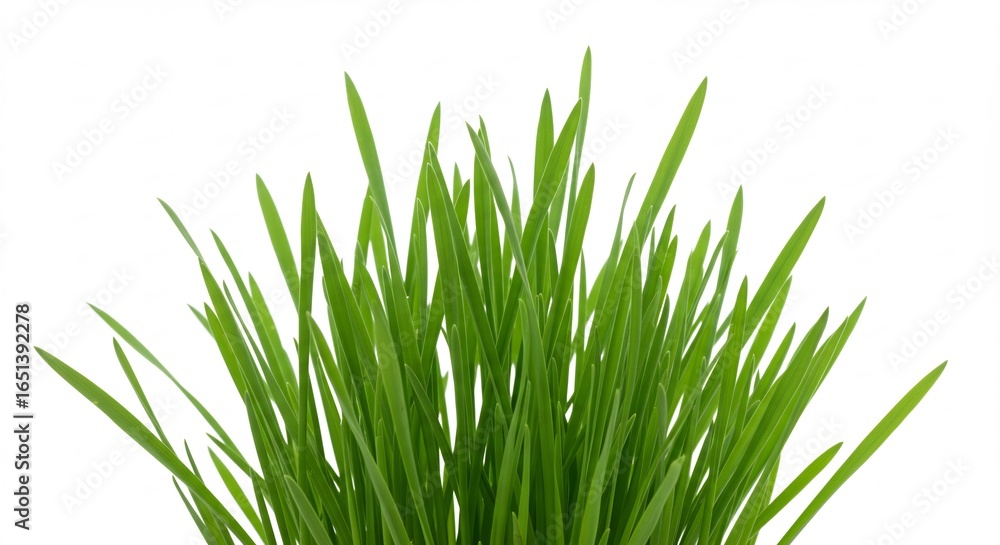Obraz premium Vibrant green grass blades shine brightly against a stark white background. AI Generated