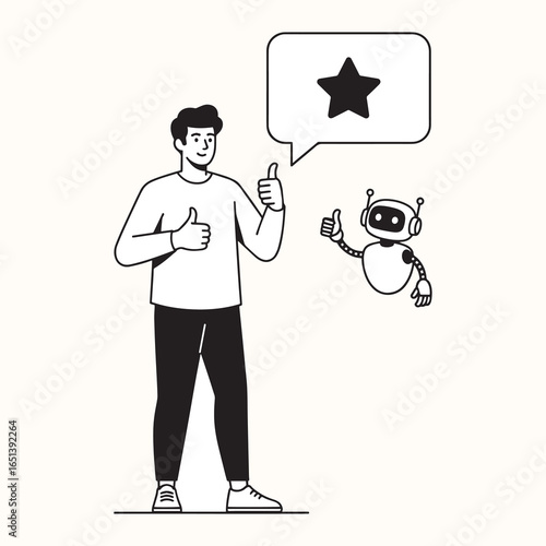 A man and a robot giving a thumbs up. This image signifies excellent service, positive feedback, and high ratings, ideal for showcasing great customer satisfaction.