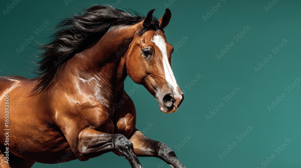 Obraz premium Majestic brown horse galloping with grace against a vibrant teal background in a studio setting