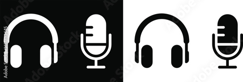 Podcast microphone and headphones icons, audio recording equipment, music studio design, broadcasting symbol, sound production graphic illustration