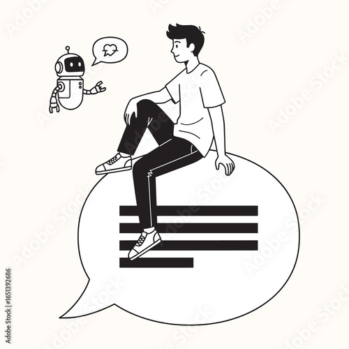 A person sitting on a giant speech bubble, talking to a small robot. This AI assistant is helping with communication, technology, and futuristic concepts.