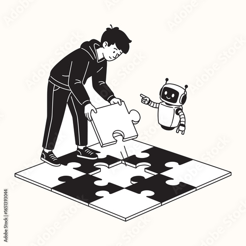 A monochrome illustration of a user and a robot assistant working together to solve a puzzle, symbolizing teamwork, problem-solving, and AI integration.