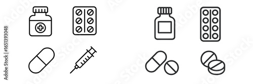 Line art vector illustration of medical supplies and medications