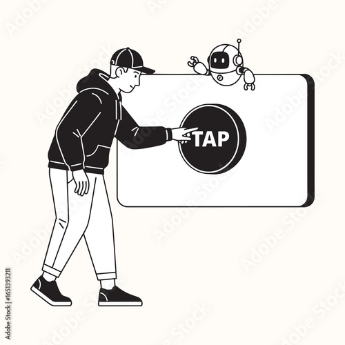 A monochrome illustration of a user tapping a button, with a robot assistant nearby, symbolizing an intuitive and futuristic user interface interaction.