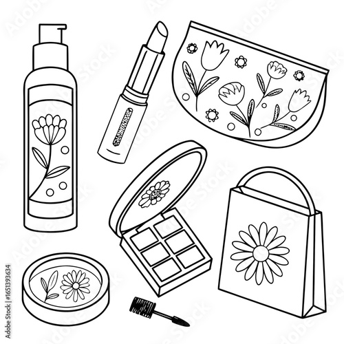 Outline drawing of beauty products including makeup and skincare items
