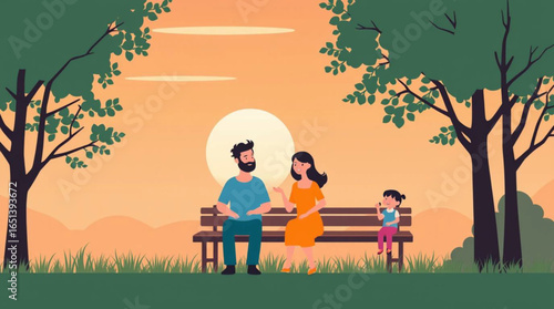Family sitting on the bench in the park at sunset.Family weekend.