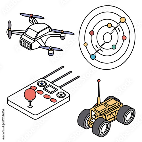 Illustration of a drone radar remote control and rover in isometric view