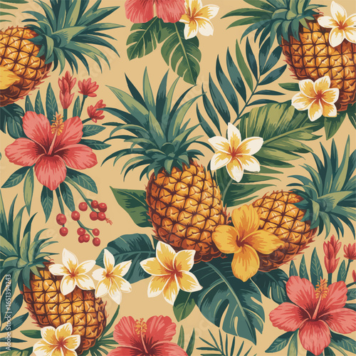 Vibrant tropical pattern with pineapples hibiscus and plumeria flowers offering a taste of summer and exotic paradise seamless design