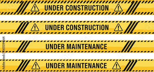 Yellow caution warning tapes, under construction and under maintenance signs, safety barrier, hazard alert, caution notice