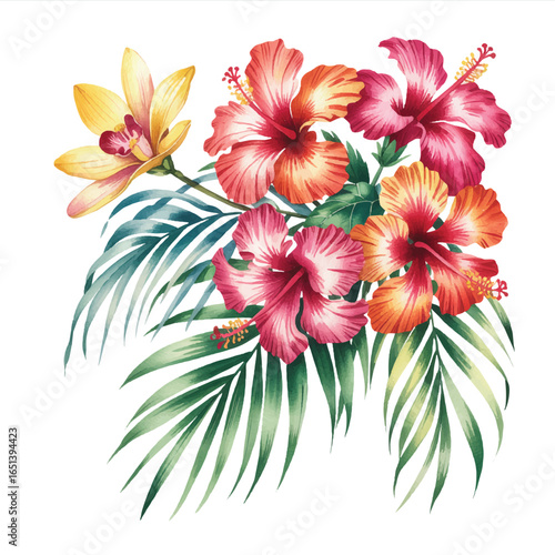 Vibrant Watercolor Tropical Floral Arrangement with Hibiscus and Orchid Flowers on White Background Artful Exotic Bloom Display