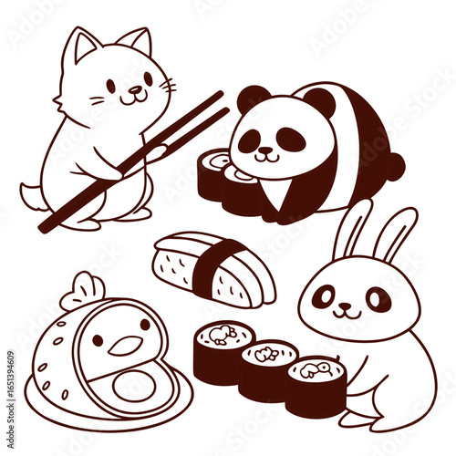 Outlined cartoon animals surrounding various types of sushi dishes food