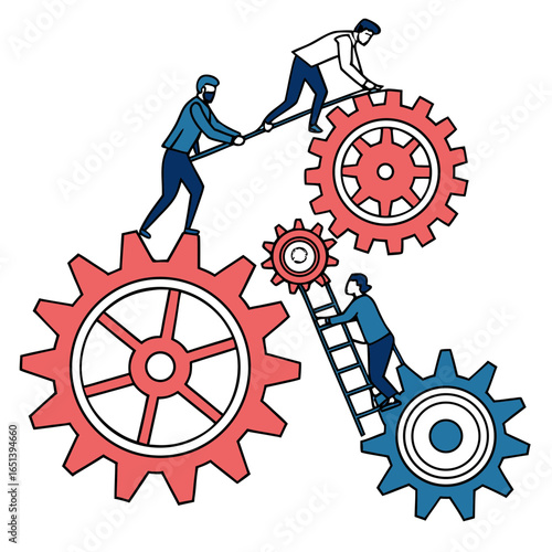Teamwork illustrated by people interacting with interconnected gears