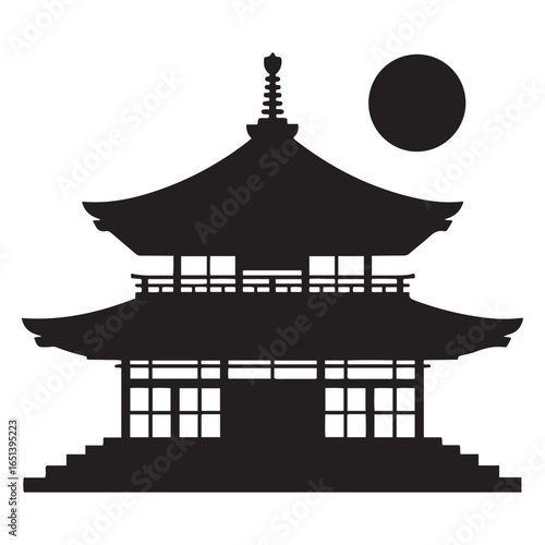 Black silhouette of a traditional Japanese building icon. Vector black silhouette. with white background