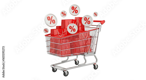 Red shopping cart with gift bags and discount signs