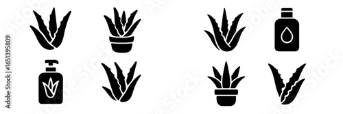 Black silhouette vector icons of aloe vera plants and products