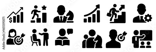 Business growth icons showcasing strategies and leadership concepts