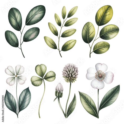 Watercolor Illustration of Assorted Botanical Elements with Leaves Clovers and Flowers for Design and Decoration