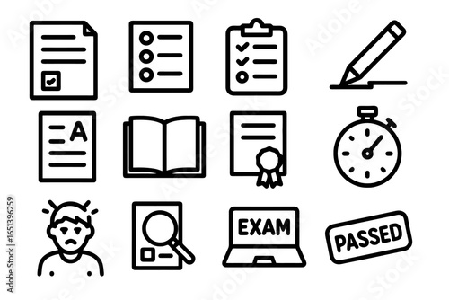 Exam and assessment icon set in bold black outline style, perfect for school platforms, testing apps, and education materials