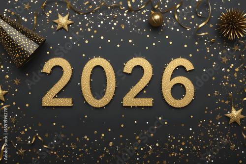 Golden 2026 New Year Celebration with Confetti and Party Decorations