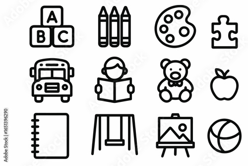 Kids education and preschool icon set in bold black outline style, perfect for early learning apps, daycare materials, and children’s projects