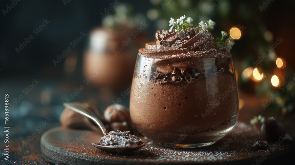 Fototapeta premium A glass jar filled with chocolate mousse topped with whipped cream, chocolate shavings, and mint leaves, garnished with hazelnuts.