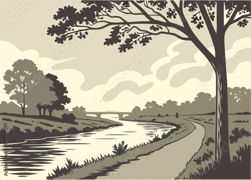 Serene River Landscape with Trees and Bridge water