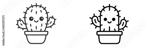 Cute cactus character with a smiling face in a pot