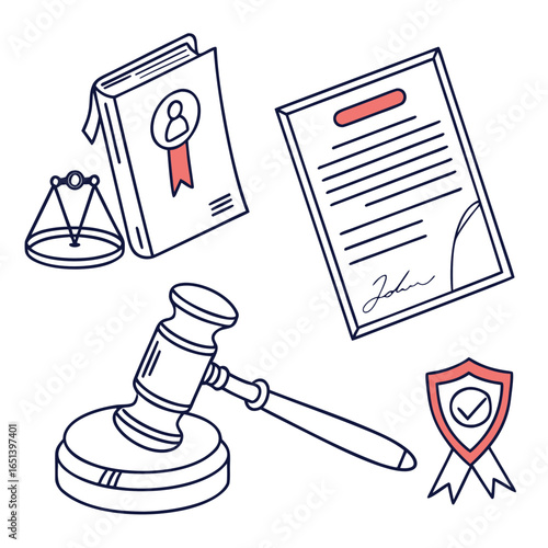 Justice legal law concept with gavel scales book document and shield for legal services and advice
