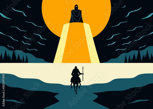 Silhouette of a person on horseback approaching a monumental figure under a large sun