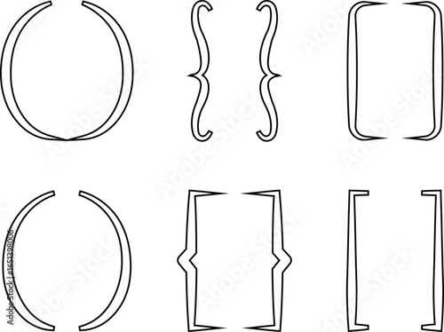 Brackets icon set, black vector collection of round, curly, and square bracket group in line style, punctuation marks, typography symbols, math and coding element bundle