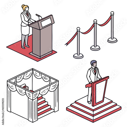 Isometric political event scene with speakers, podiums, stage, and velvet rope barrier illustration