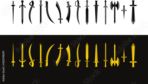 Assorted Swords in Dark Backdrop: A visually captivating arrangement of diverse sword designs, each meticulously crafted with detail, poised against the dark backdrop. Evoking a sense of history.