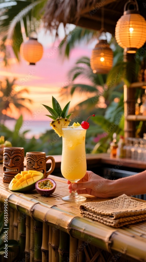 Obraz premium A tropical cocktail with pineapple and cherry garnishes sits on a bamboo bar. The background features palm trees and a sunset sky.