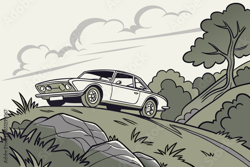 White classic car on a winding road with trees and rocks