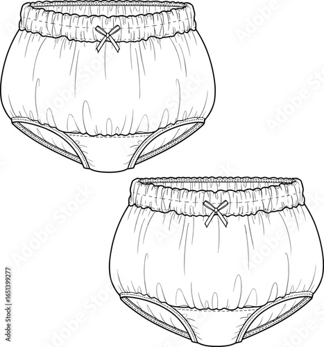 Women’s vintage underwear, high waist panties, fashion flat sketch, lingerie template, retro brief design, clothing illustration, apparel outline, female undergarment, intimate wear, bow detail