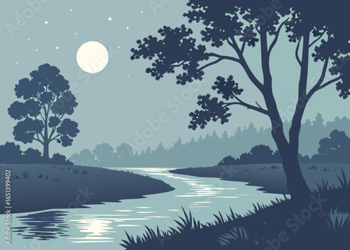 Winding river under a full moon and starry sky night
