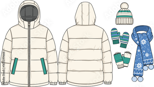 Winter jacket, padded coat, warm parka, hooded outerwear, beanie hat, knitted gloves, wool mittens, snow scarf, cold weather fashion, cozy outfit, vector clothing design
